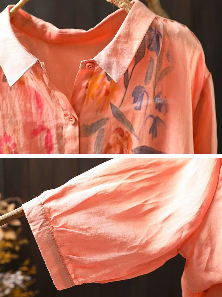 Vrouwen artistieke zomerbloemenprint Ramie blouse