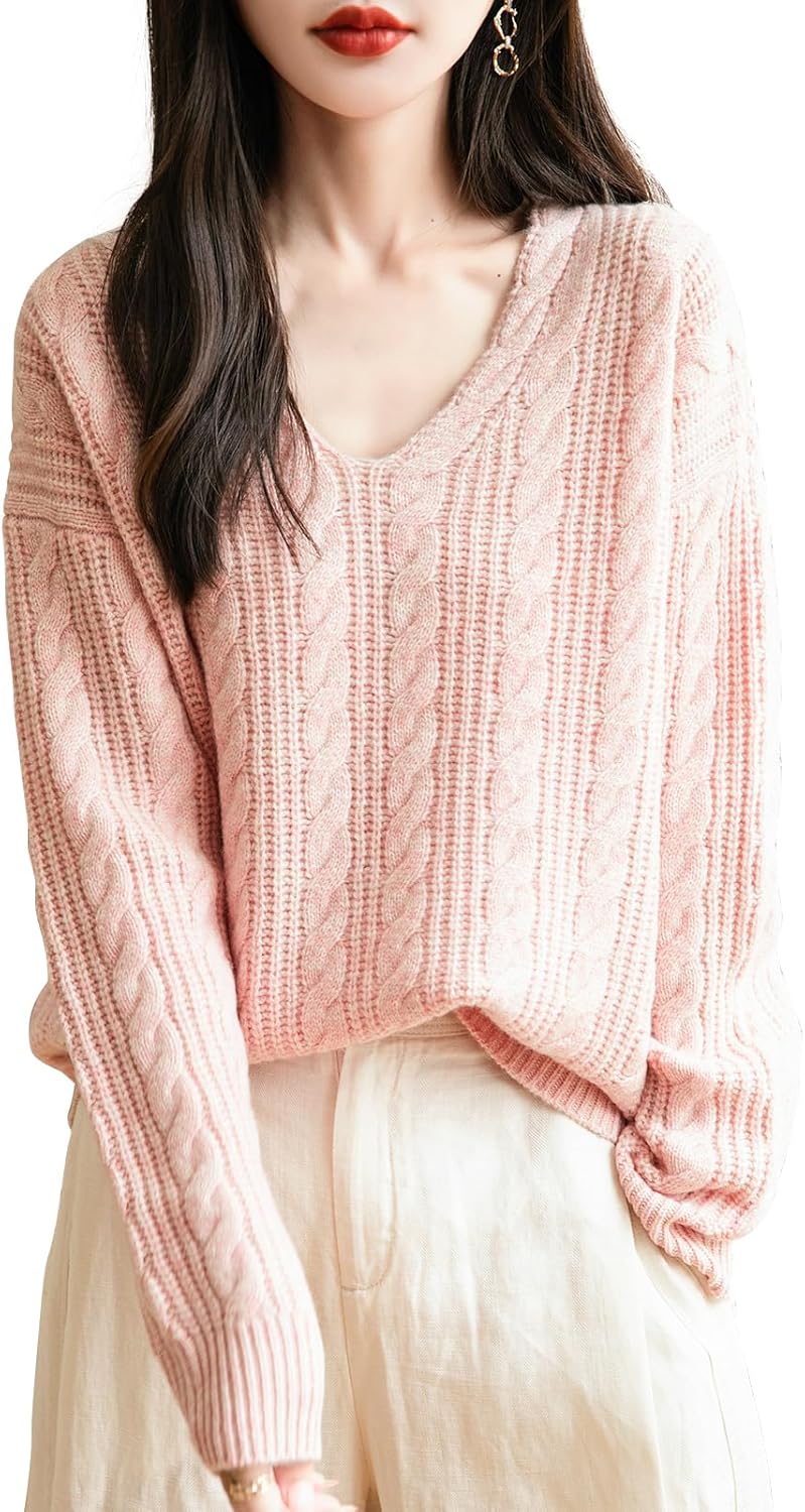 Chanyarn Women's V Neck 100% Merino Wool Oversized Sweater 2025 Fall Winter Vintage Cable Long Sleeve Knit Sweater