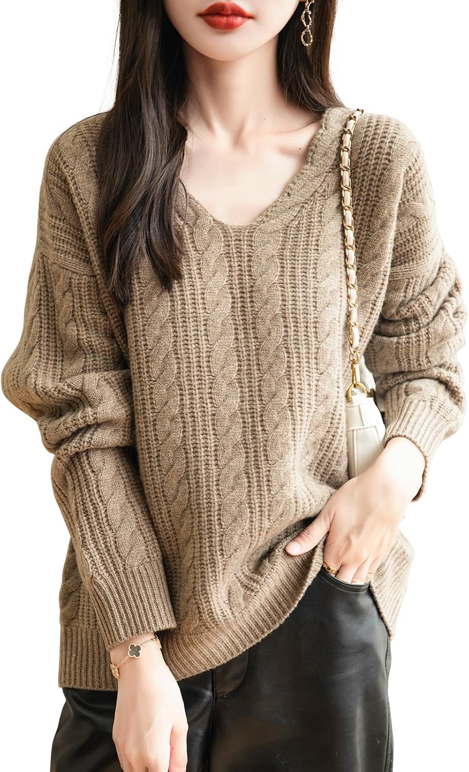 Chanyarn Women's V Neck 100% Merino Wool Oversized Sweater 2025 Fall Winter Vintage Cable Long Sleeve Knit Sweater