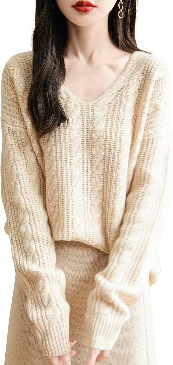 Chanyarn Women's V Neck 100% Merino Wool Oversized Sweater 2025 Fall Winter Vintage Cable Long Sleeve Knit Sweater