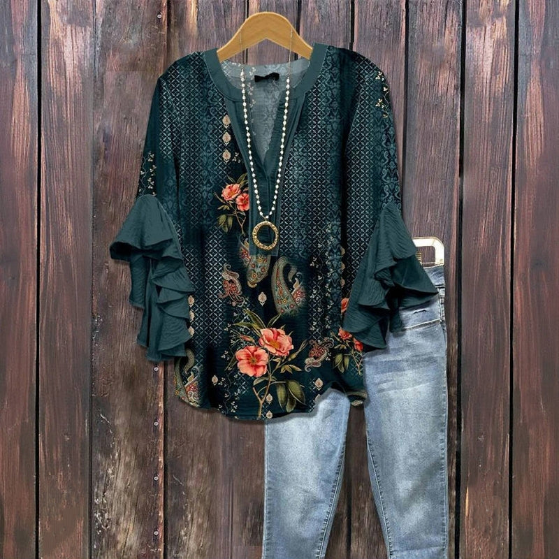 Ruchesblouse | Donkergroen Motief