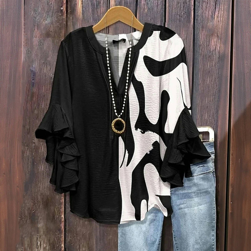 Ruchesblouse | Zwart Contrast