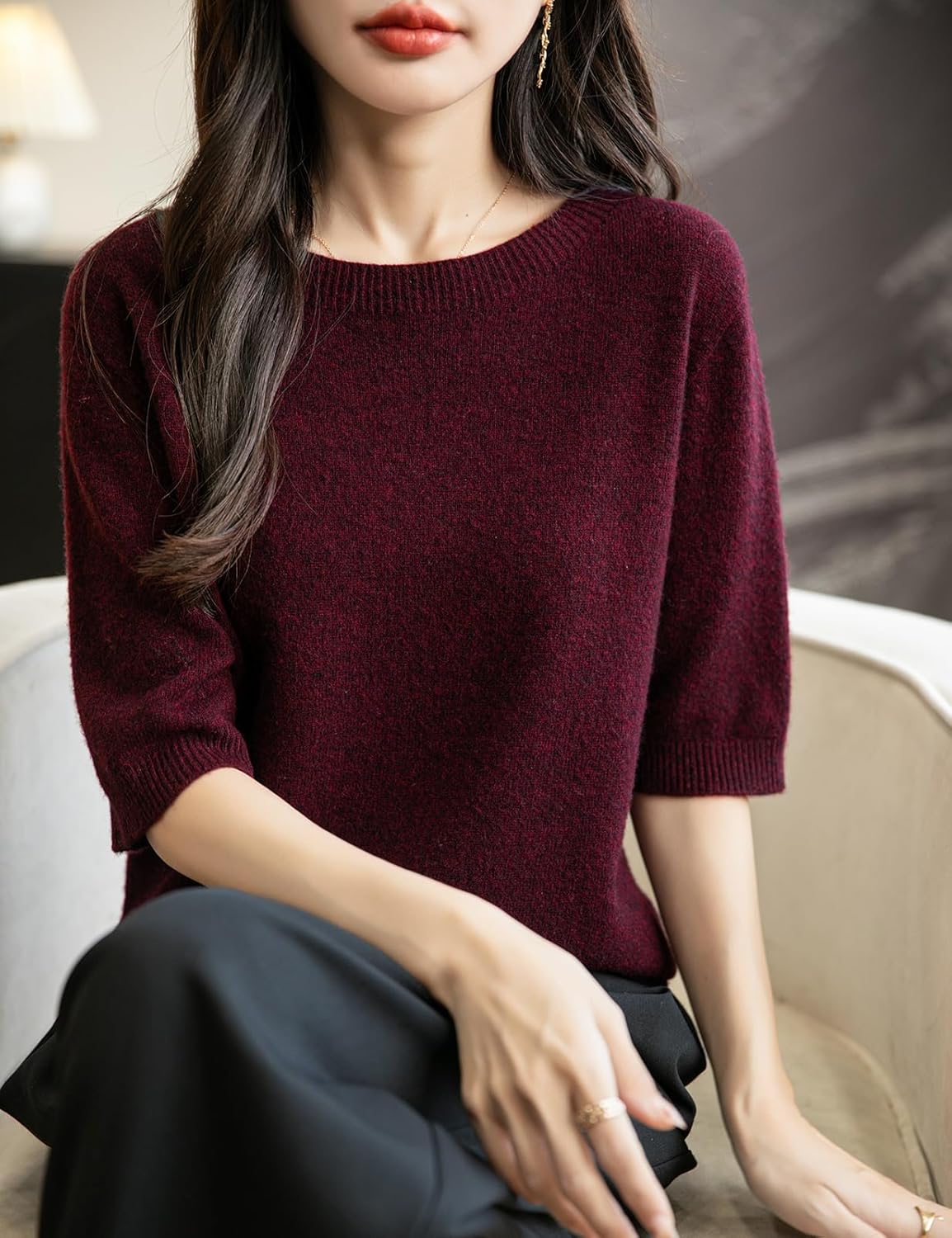 Women's 100% Merino Wool Spring Fall Winter First-Line Ready to Wear Seamless Knit Crewneck Short Sleeve Sweater