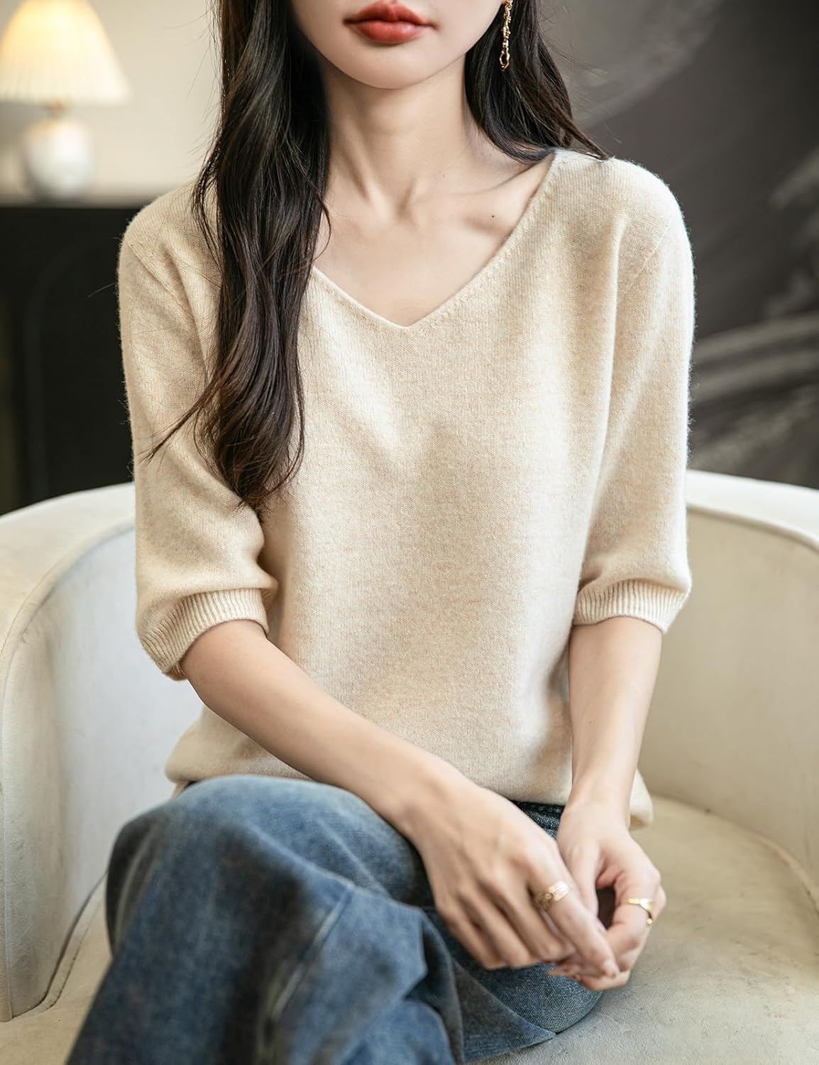 Women's V-Neck 100% Merino Wool Spring Fall Winter First-Line Ready to Wear Seamless Knit Shirt Short Sleeve Sweater