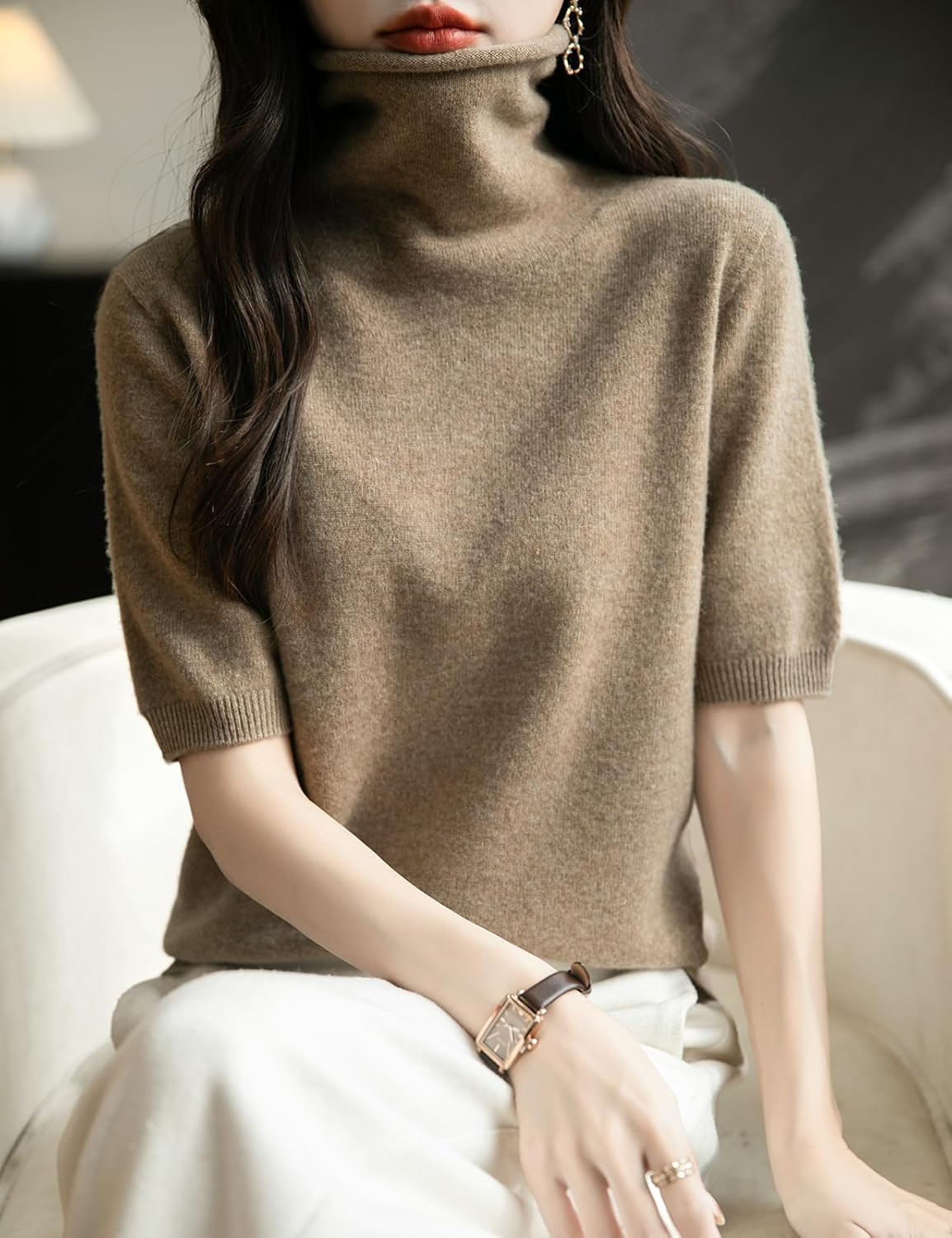 Women's Turtleneck 100% Merino Wool Spring Fall Winter First-Line Ready to Wear Seamless Knit Short Sleeve Sweater