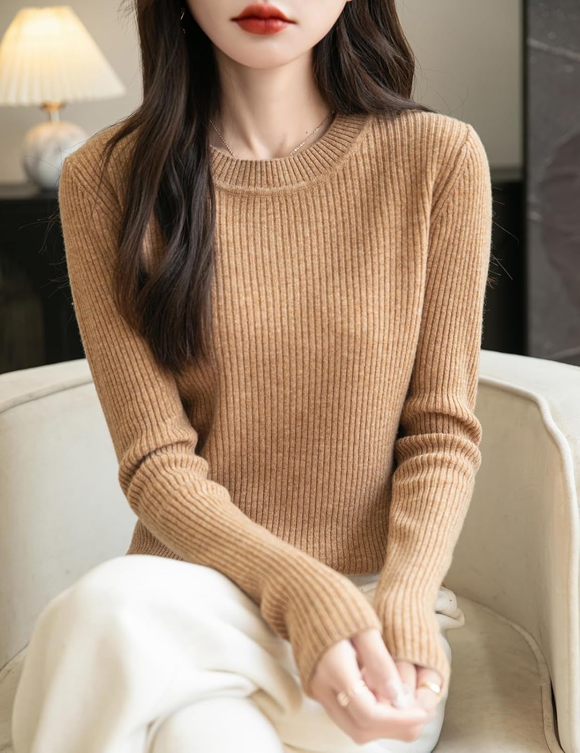 Women's 100% Merino Wool Sweater 2025 Fall Winter Crew Neck Long Sleeve Warm Soft Ribbed Knit Pullover Sweater