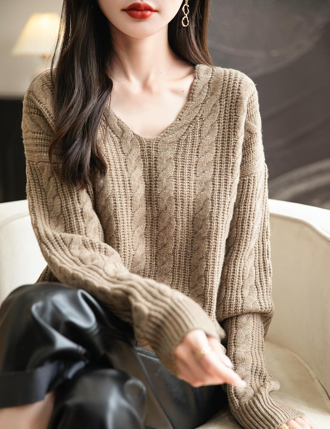 Chanyarn Women's V Neck 100% Merino Wool Oversized Sweater 2025 Fall Winter Vintage Cable Long Sleeve Knit Sweater