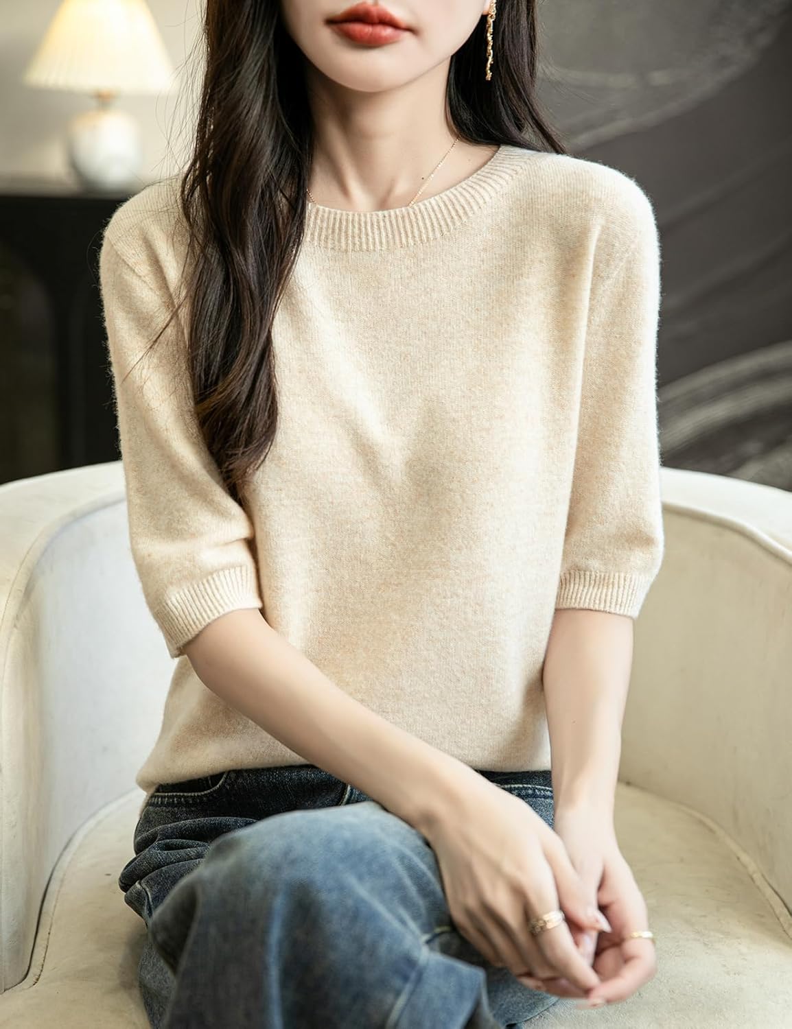 Women's 100% Merino Wool Spring Fall Winter First-Line Ready to Wear Seamless Knit Crewneck Short Sleeve Sweater