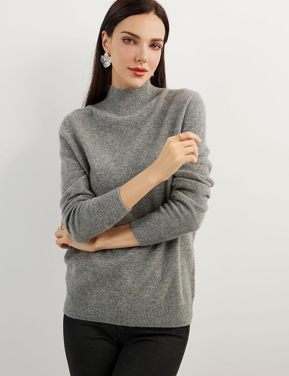 100% Pure Cashmere Women's Sweater Mock Neck Long Sleeve Warm Soft 2025 Fall Winter Knit Pullover