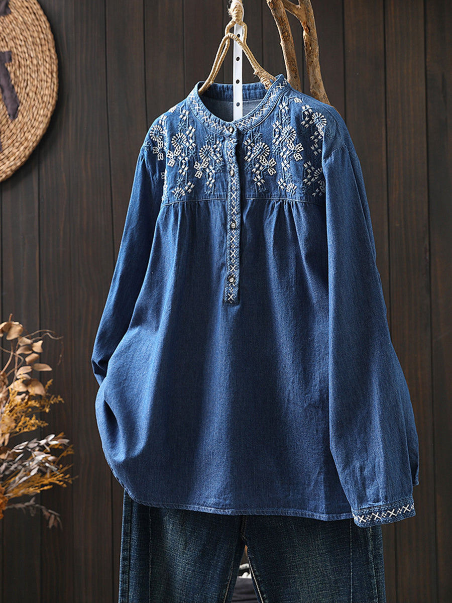 Vrouwen Lente Etnische Borduurwerk 100% Katoenen Denim Shirt