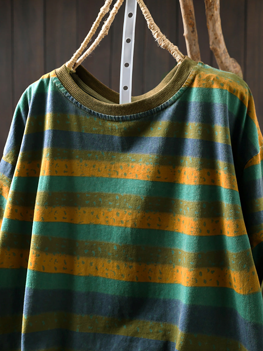 Dames Zomer Retro Colorblock Streep O-hals Katoenen Shirt