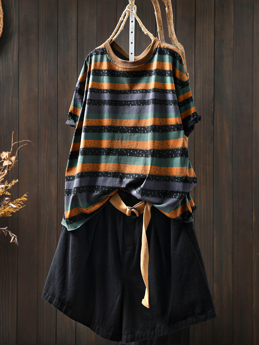 Dames Zomer Retro Colorblock Streep O-hals Katoenen Shirt