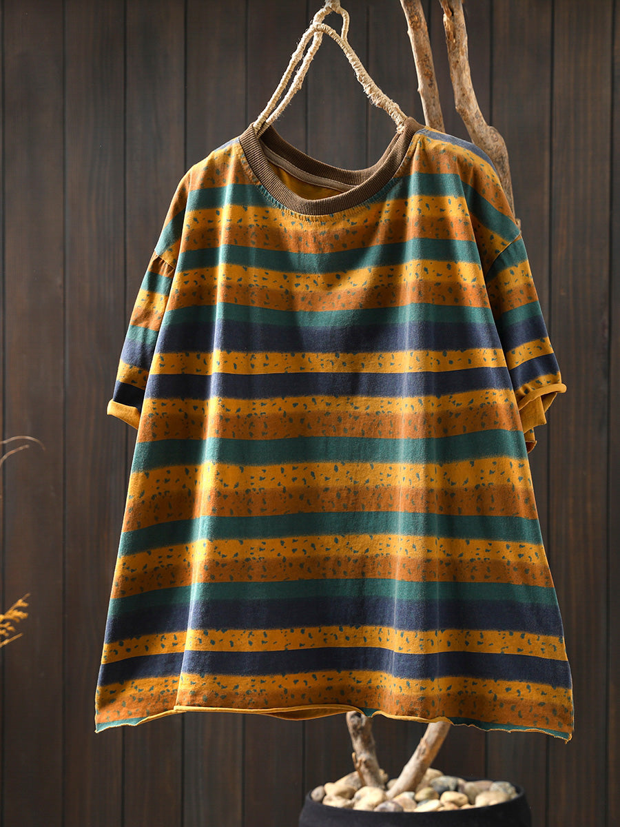 Dames Zomer Retro Colorblock Streep O-hals Katoenen Shirt