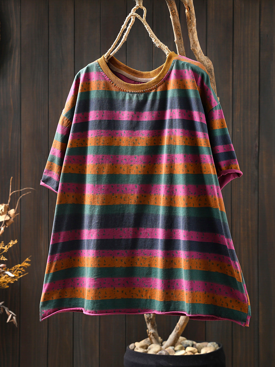 Dames Zomer Retro Colorblock Streep O-hals Katoenen Shirt