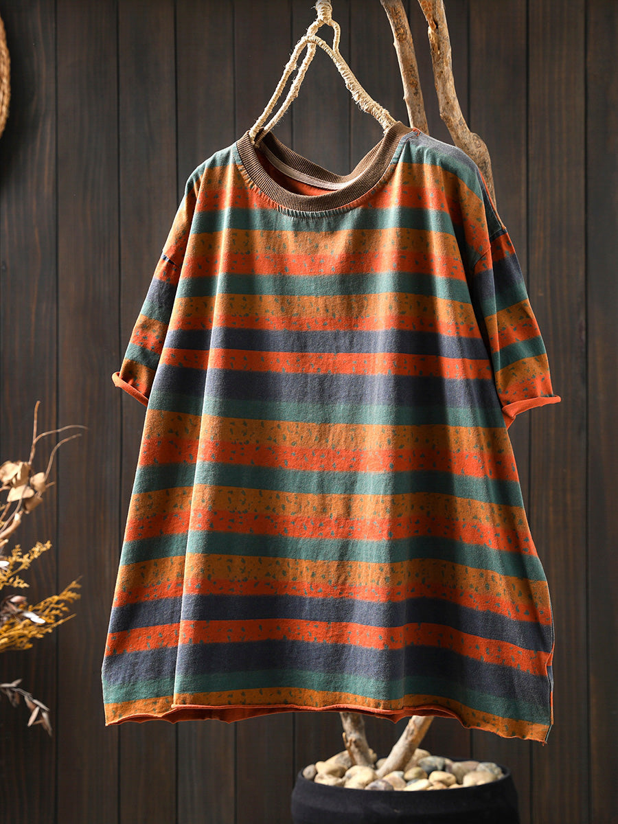 Dames Zomer Retro Colorblock Streep O-hals Katoenen Shirt