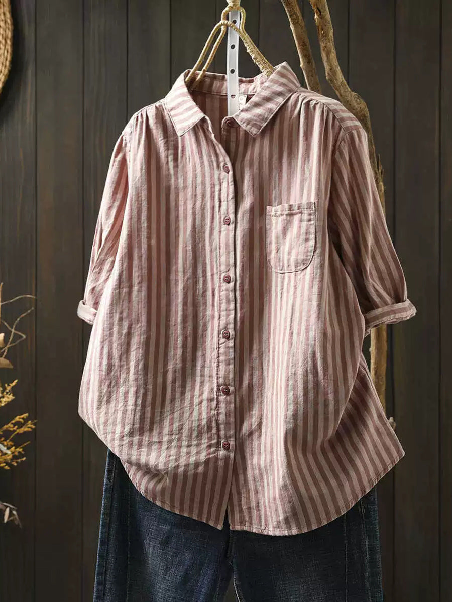 Dames Zomer Streep Omslagkraag 100% Katoenen Shirt