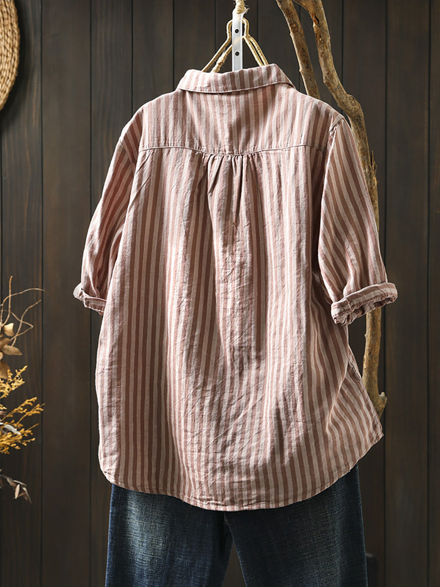 Dames Zomer Streep Omslagkraag 100% Katoenen Shirt