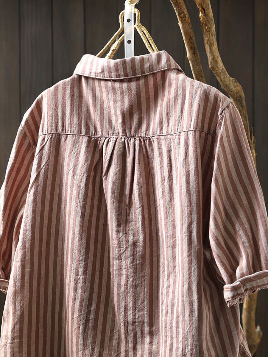 Dames Zomer Streep Omslagkraag 100% Katoenen Shirt