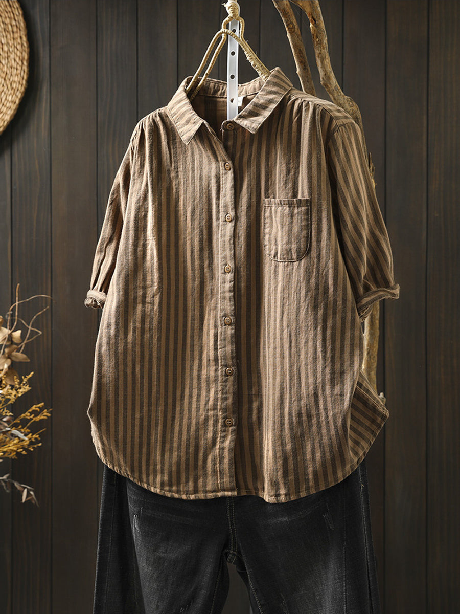 Dames Zomer Streep Omslagkraag 100% Katoenen Shirt