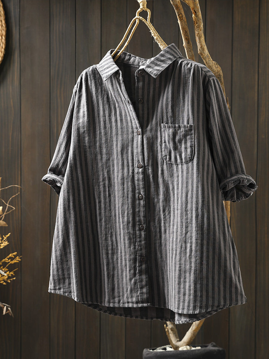Dames Zomer Streep Omslagkraag 100% Katoenen Shirt