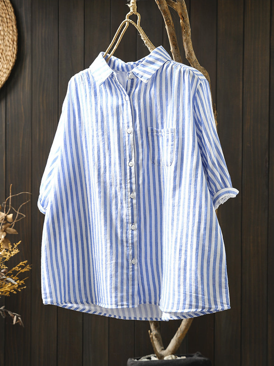 Dames Zomer Streep Omslagkraag 100% Katoenen Shirt