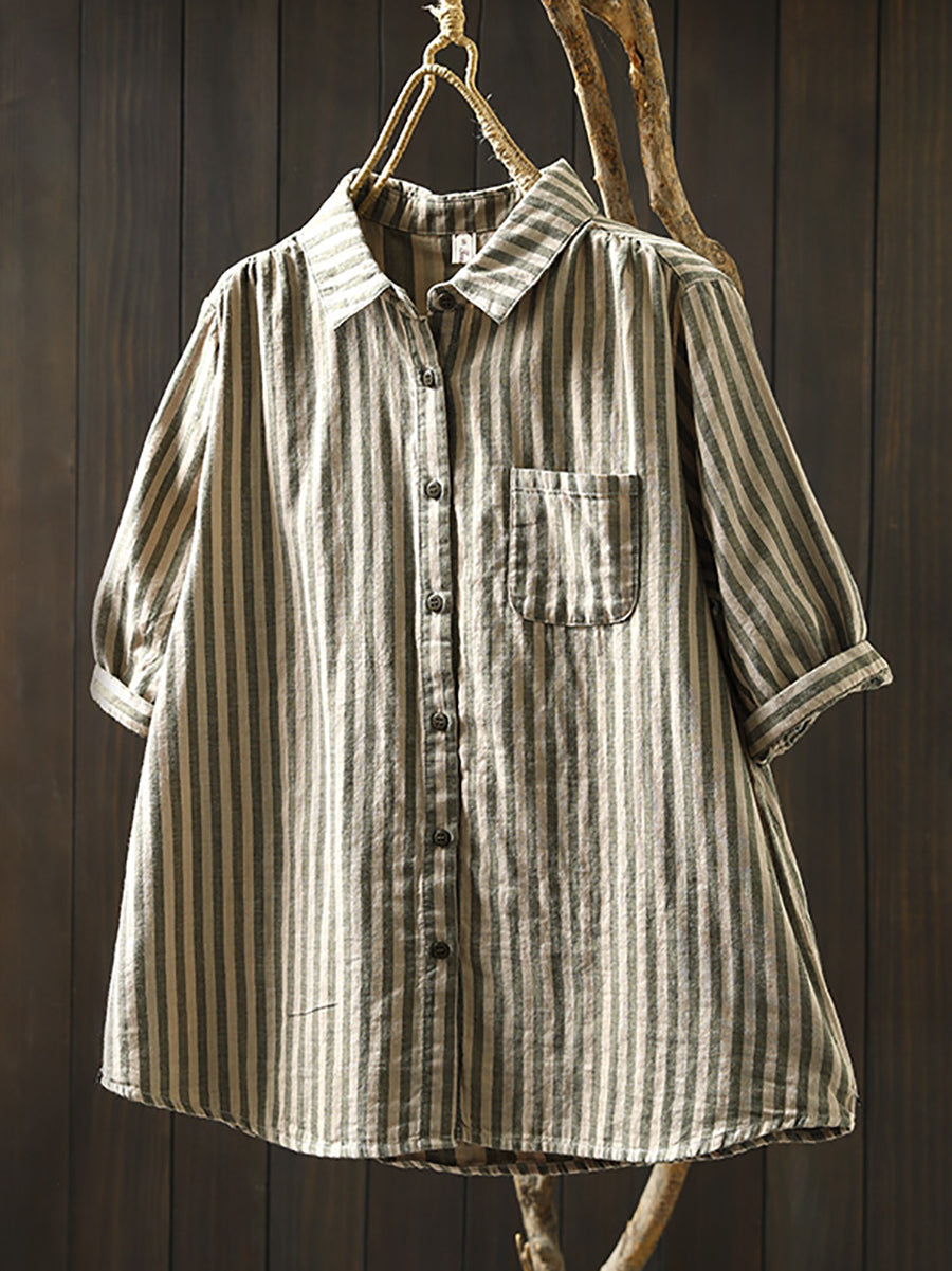 Dames Zomer Streep Omslagkraag 100% Katoenen Shirt