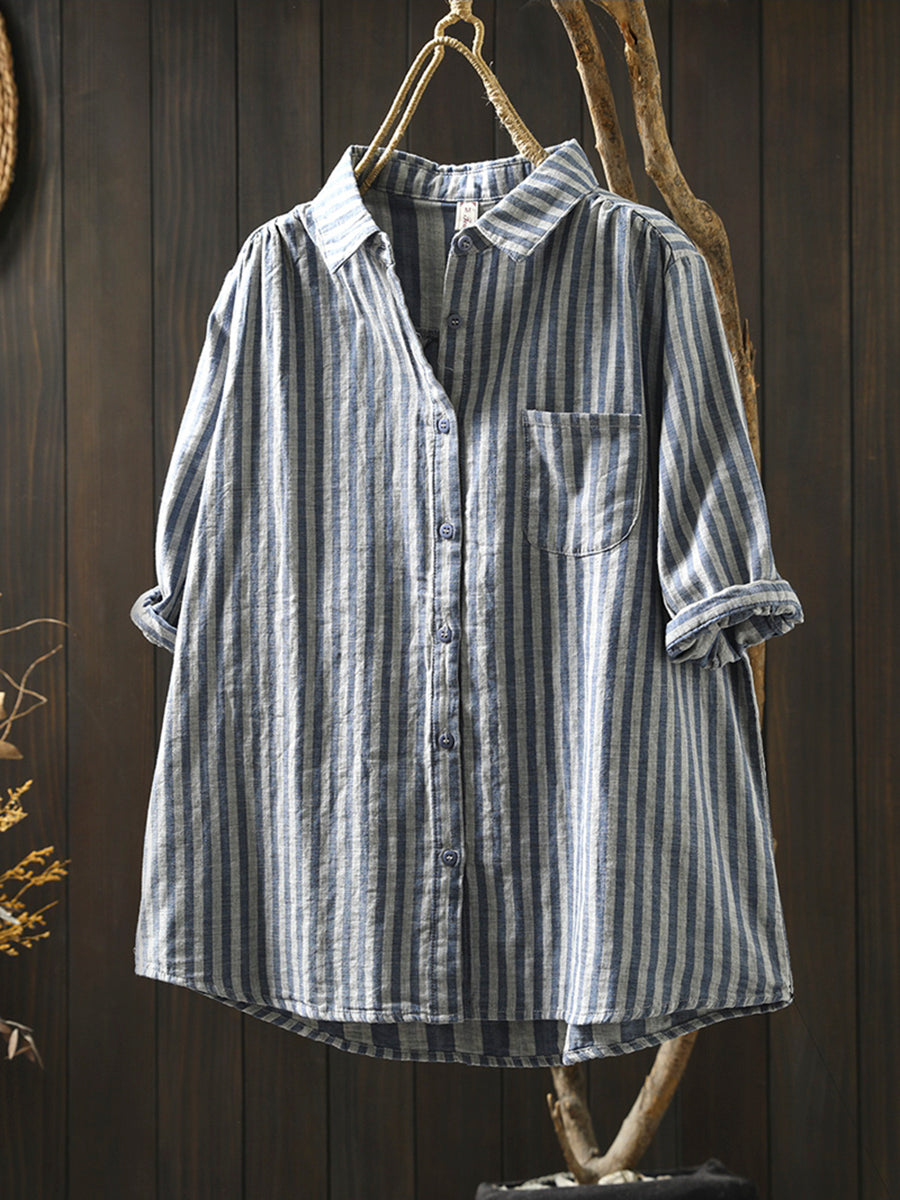 Dames Zomer Streep Omslagkraag 100% Katoenen Shirt