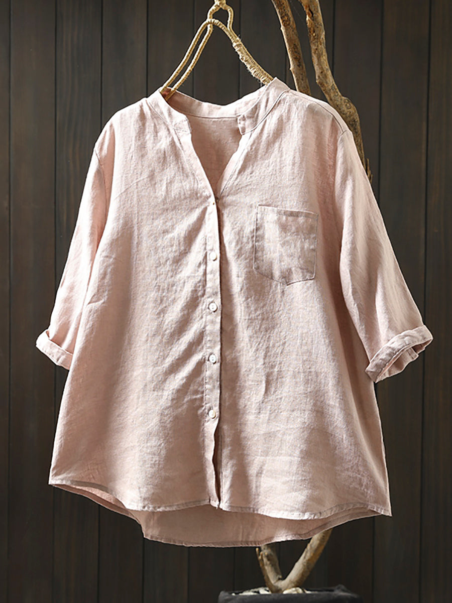 Dames Zomer V-hals Pure Kleur 100% Linnen Shirt