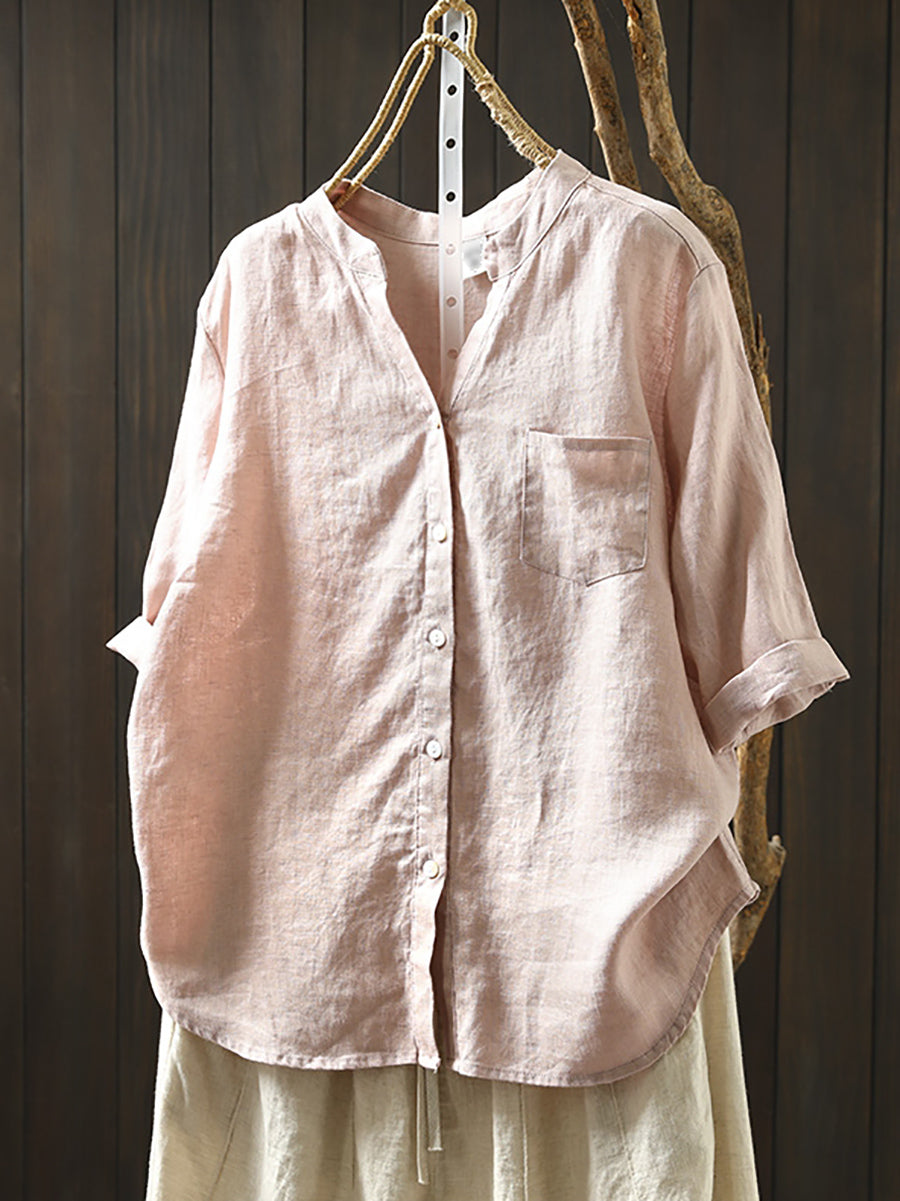 Dames Zomer V-hals Pure Kleur 100% Linnen Shirt