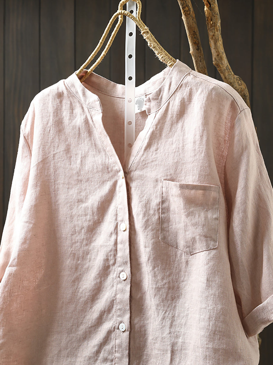 Dames Zomer V-hals Pure Kleur 100% Linnen Shirt