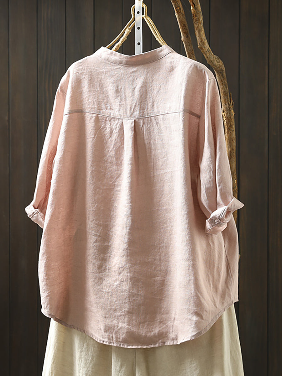 Dames Zomer V-hals Pure Kleur 100% Linnen Shirt
