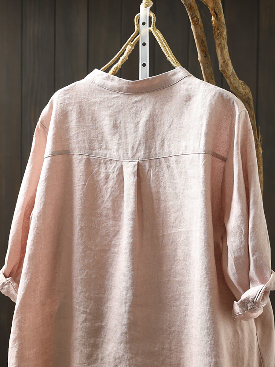 Dames Zomer V-hals Pure Kleur 100% Linnen Shirt