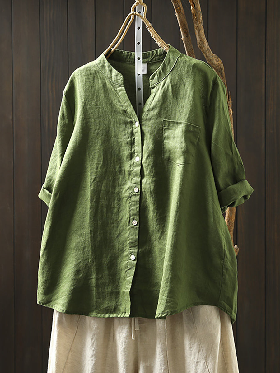Dames Zomer V-hals Pure Kleur 100% Linnen Shirt