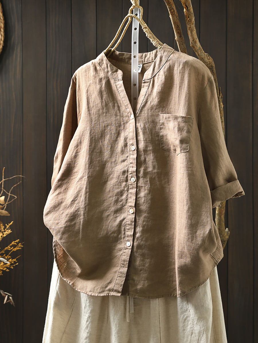 Dames Zomer V-hals Pure Kleur 100% Linnen Shirt