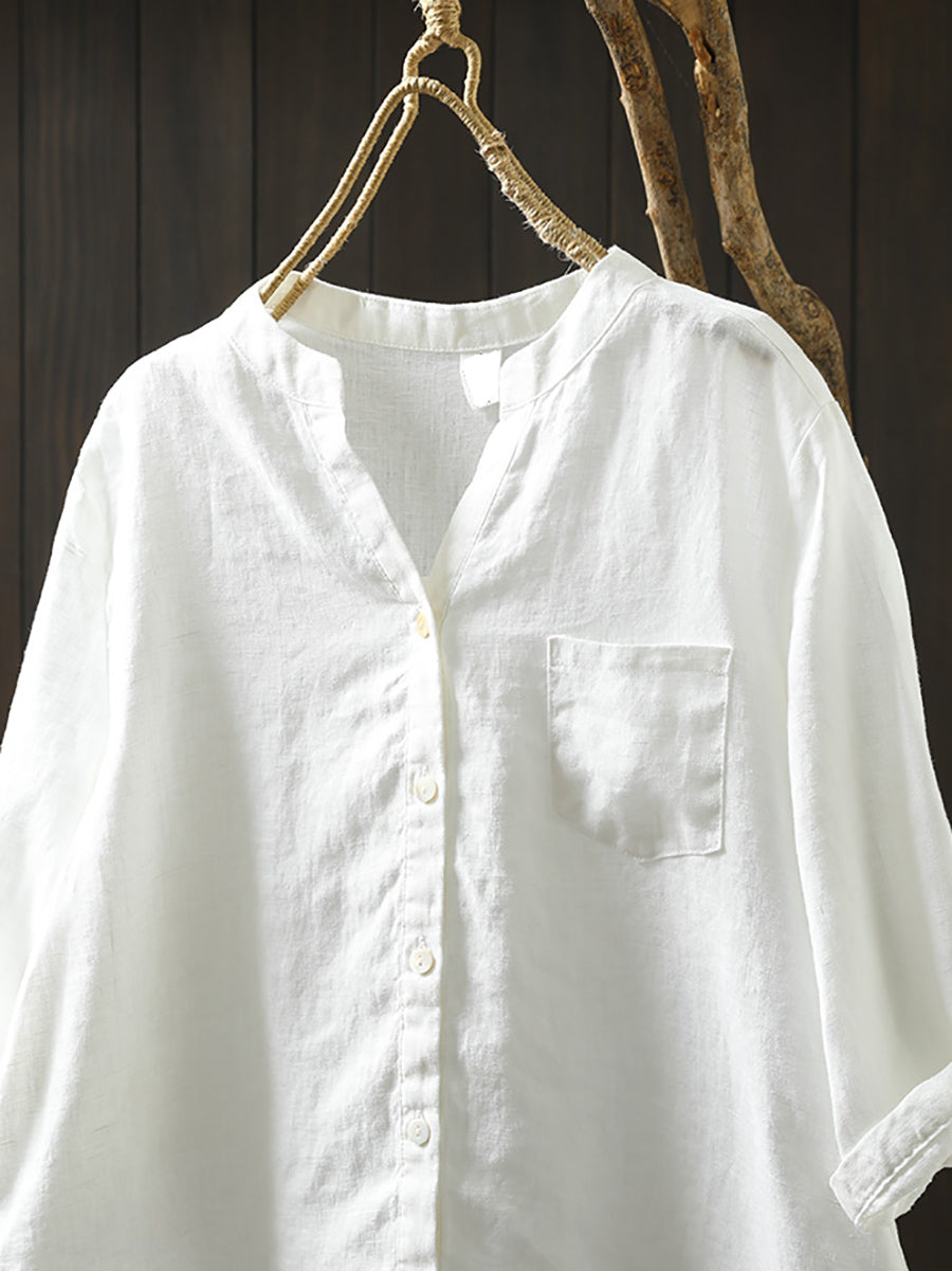 Dames Zomer V-hals Pure Kleur 100% Linnen Shirt