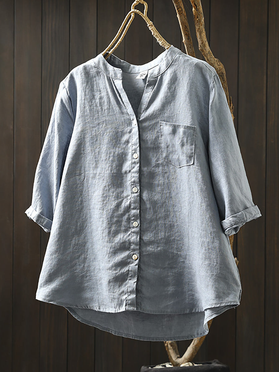 Dames Zomer V-hals Pure Kleur 100% Linnen Shirt