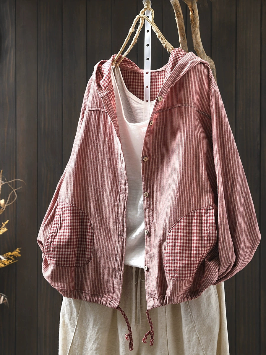 Dames Zomer Vintage Streep Capuchon 100% Katoenen Shirt