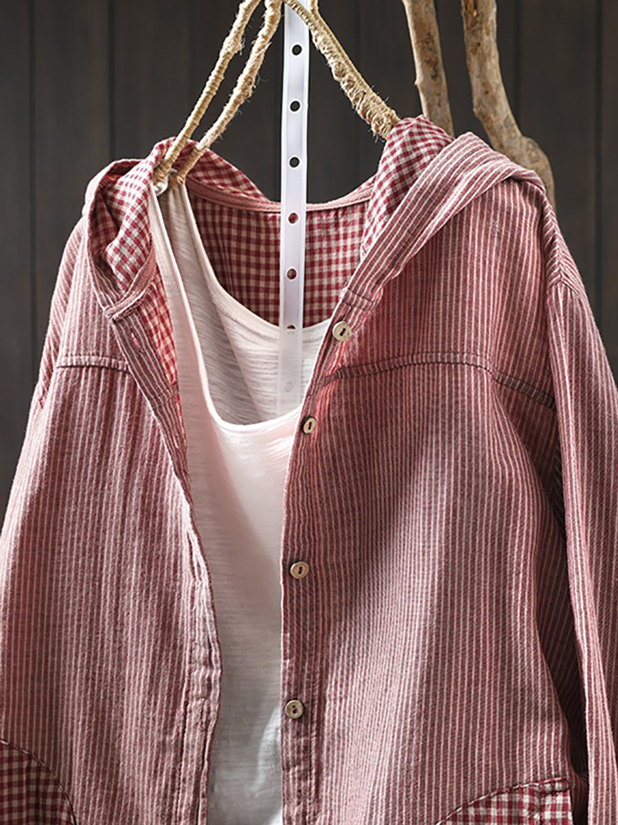 Dames Zomer Vintage Streep Capuchon 100% Katoenen Shirt