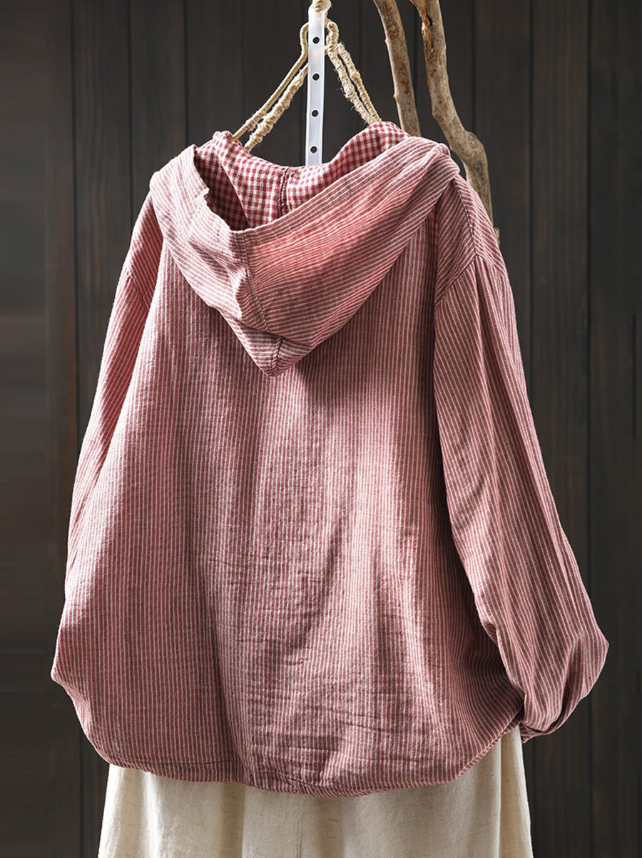 Dames Zomer Vintage Streep Capuchon 100% Katoenen Shirt