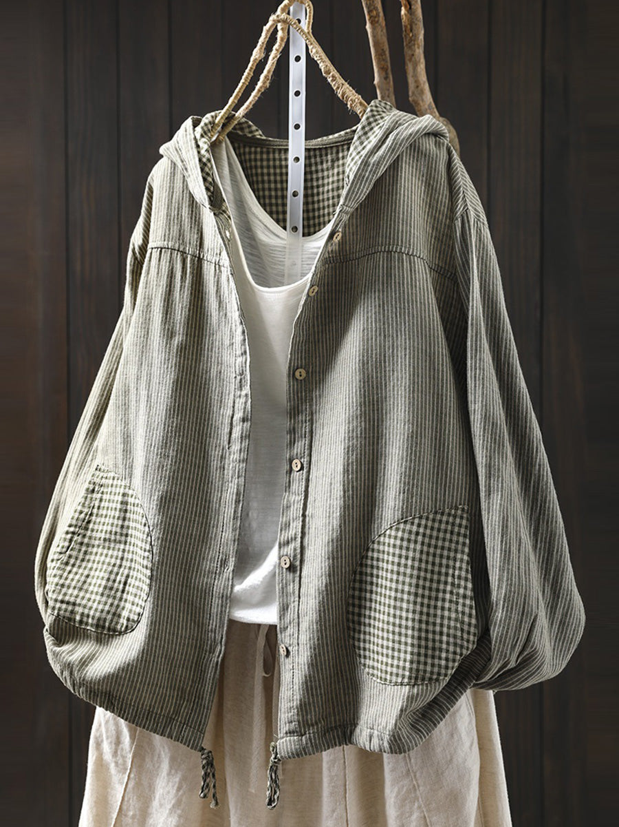 Dames Zomer Vintage Streep Capuchon 100% Katoenen Shirt