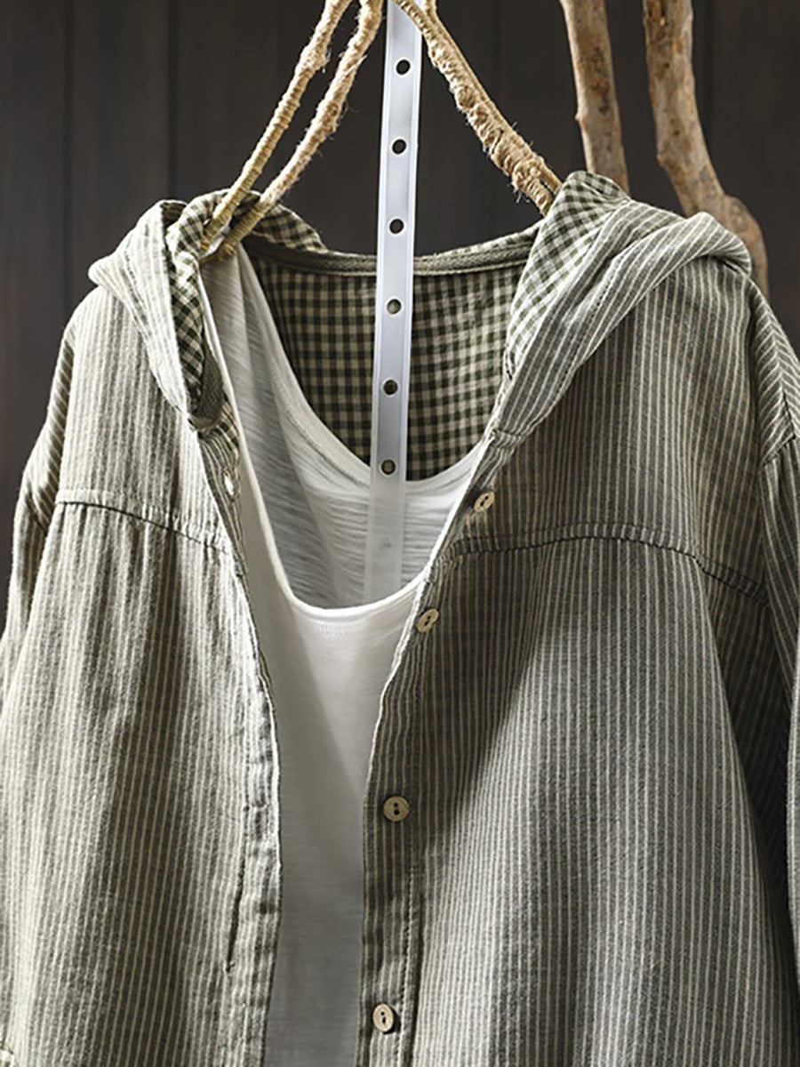 Dames Zomer Vintage Streep Capuchon 100% Katoenen Shirt