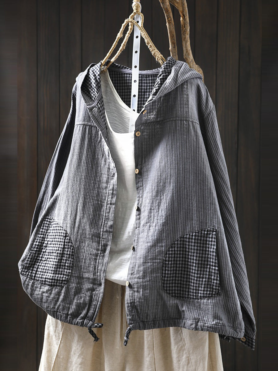 Dames Zomer Vintage Streep Capuchon 100% Katoenen Shirt