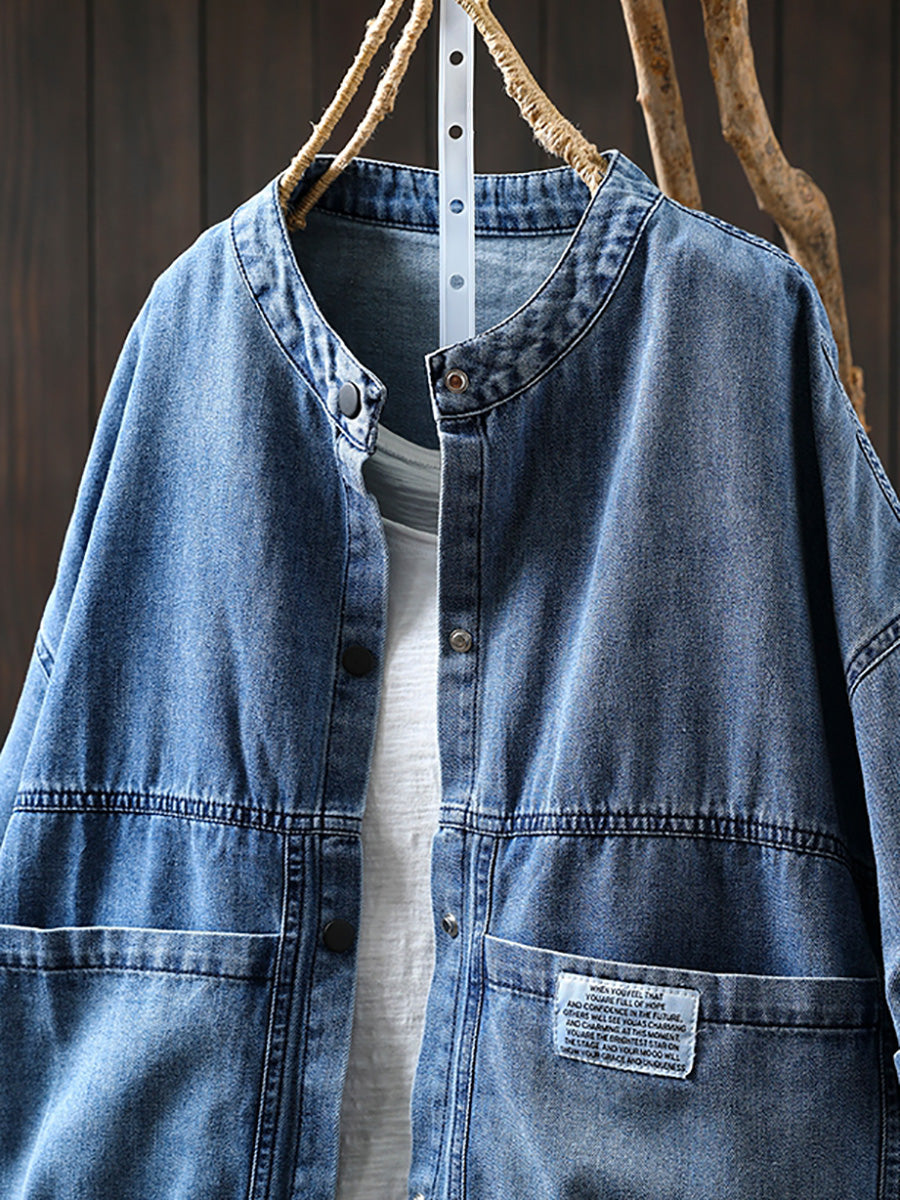 Dames Zomer Retro Pure Color Stand Collar Denim Shirt