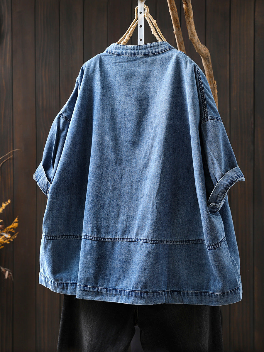 Dames Zomer Retro Pure Color Stand Collar Denim Shirt