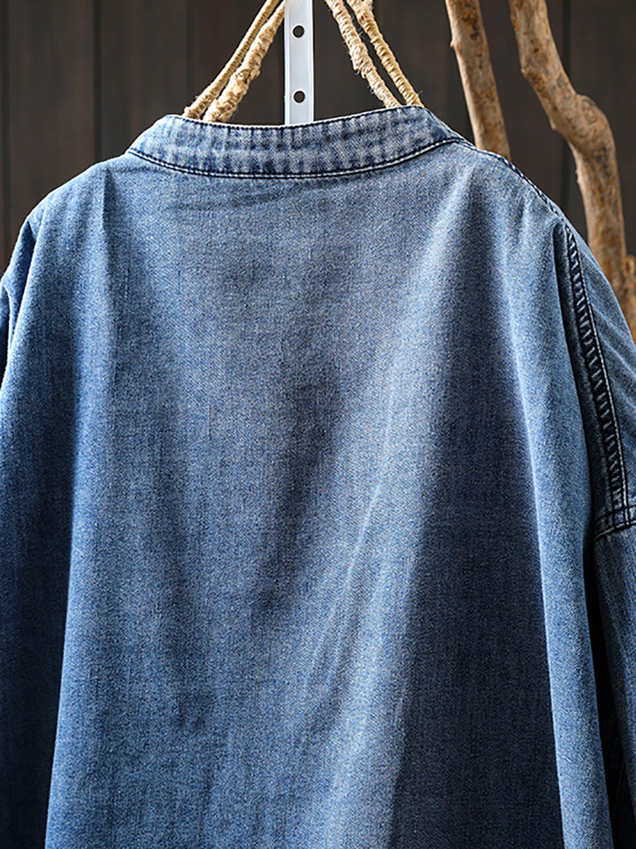 Dames Zomer Retro Pure Color Stand Collar Denim Shirt