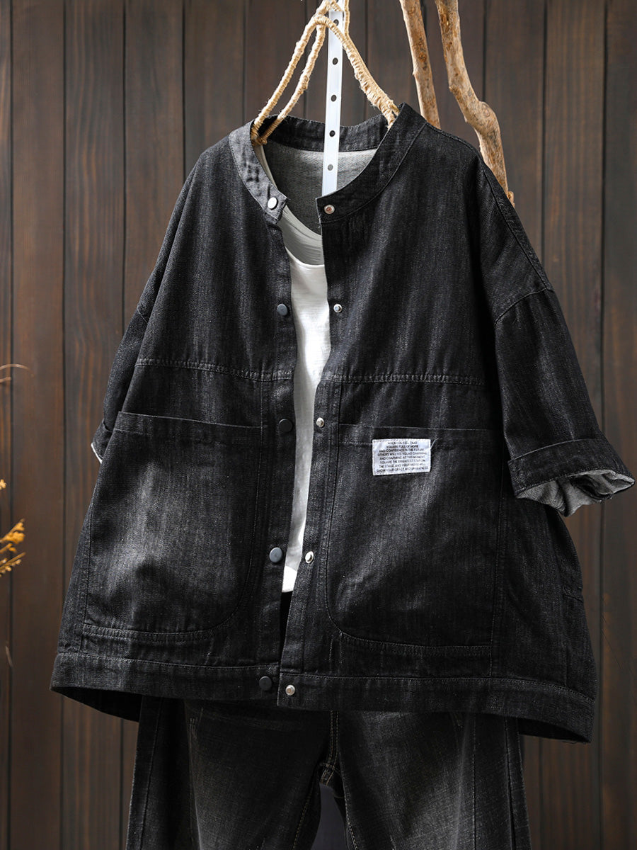 Dames Zomer Retro Pure Color Stand Collar Denim Shirt