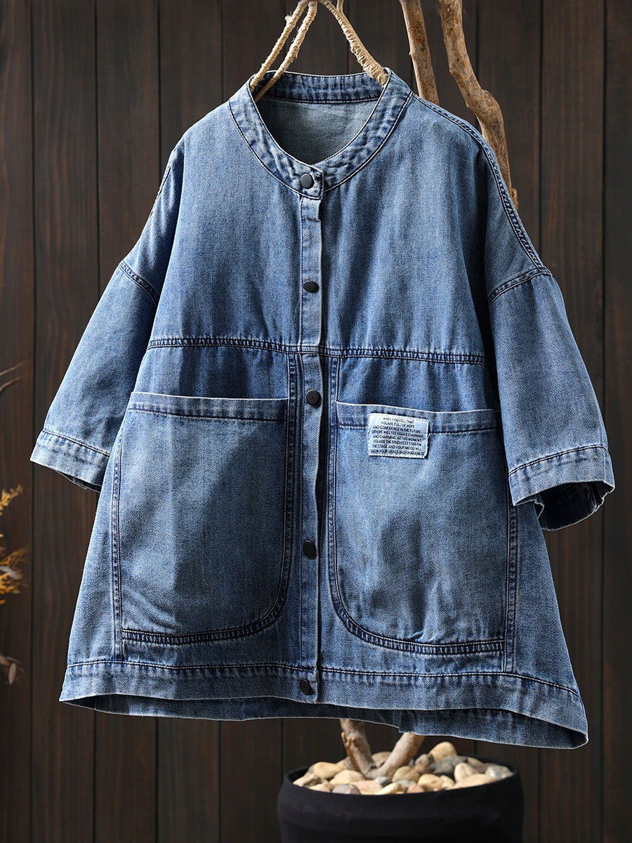 Dames Zomer Retro Pure Color Stand Collar Denim Shirt