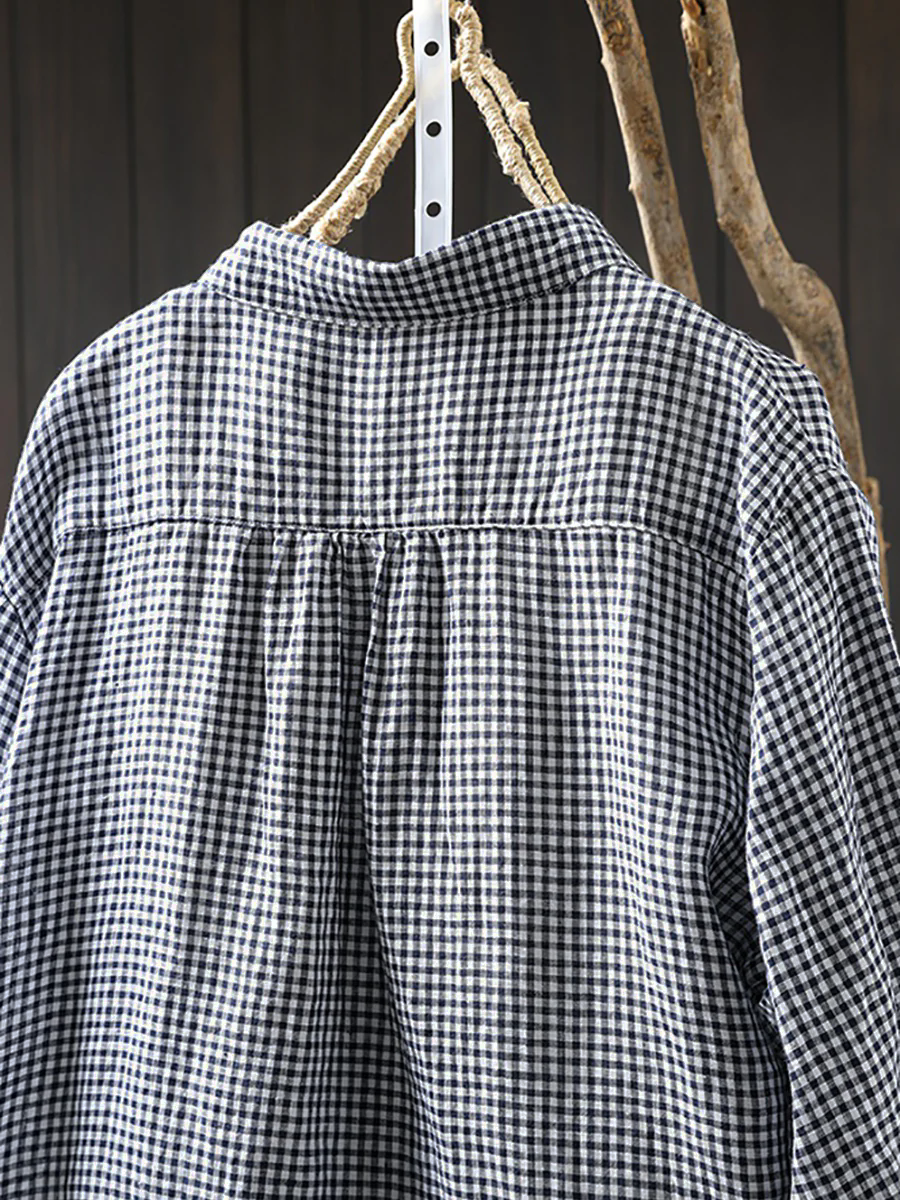 Vrouwen Artsy Lattice 100% linnen overhemd met omgeslagen kraag
