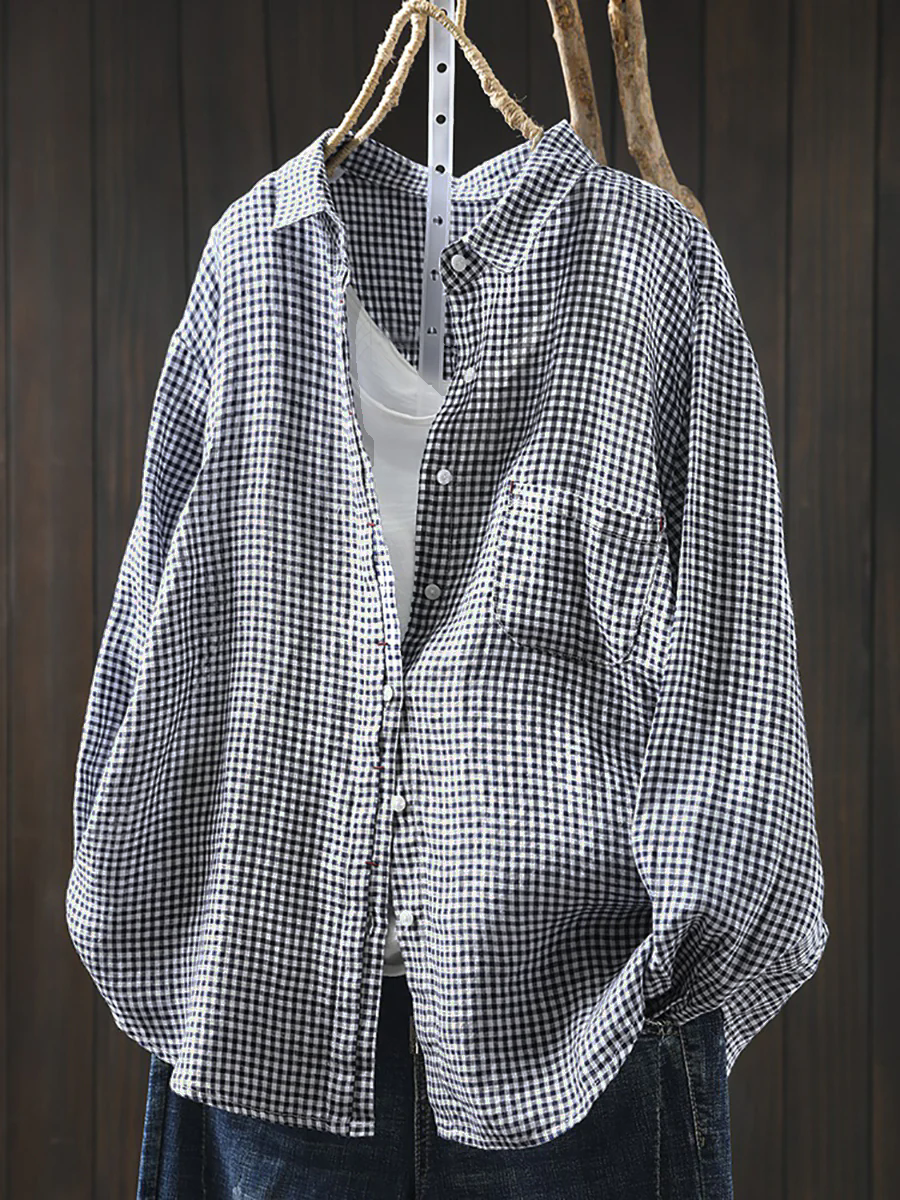 Vrouwen Artsy Lattice 100% linnen overhemd met omgeslagen kraag