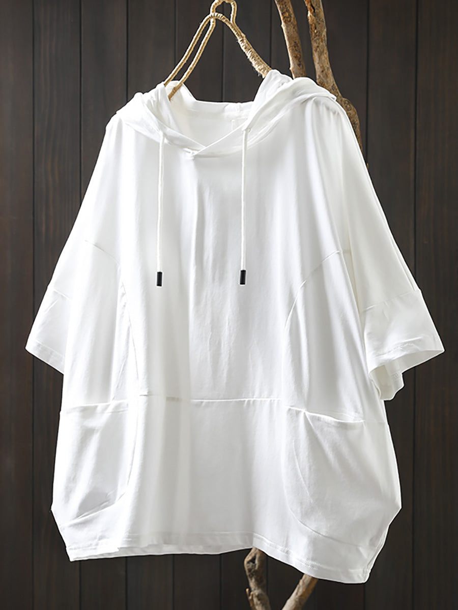 Dames Zomer Casual Pure Color Hooded Shirt van 100% Katoen